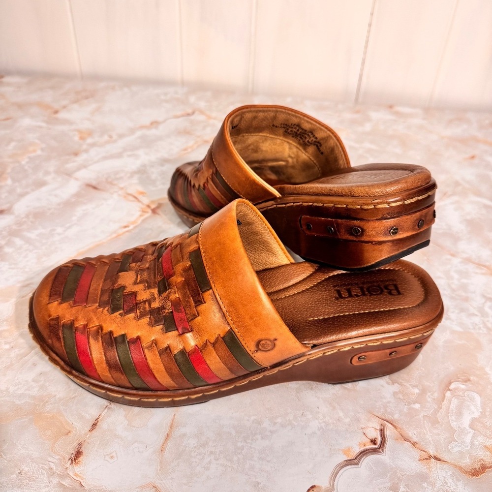 Born Clogs Women 7 Tan Multi Woven Leather Huarache Slip On Platform Mules Boho
